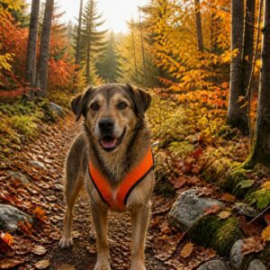 dog with orange safety vest in the woods