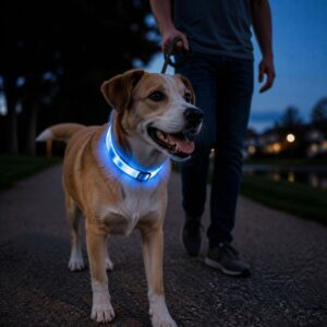 Dog with light up collar on a walk